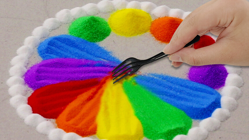 【方块熊创意早教课堂】DIY趣味沙画：用炫彩沙子制作漂亮的彩虹花朵