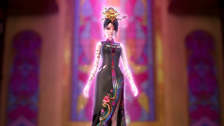 身穿复古黑底红纹旗袍的辛灵仙子 还是那熟悉的冷美人气质