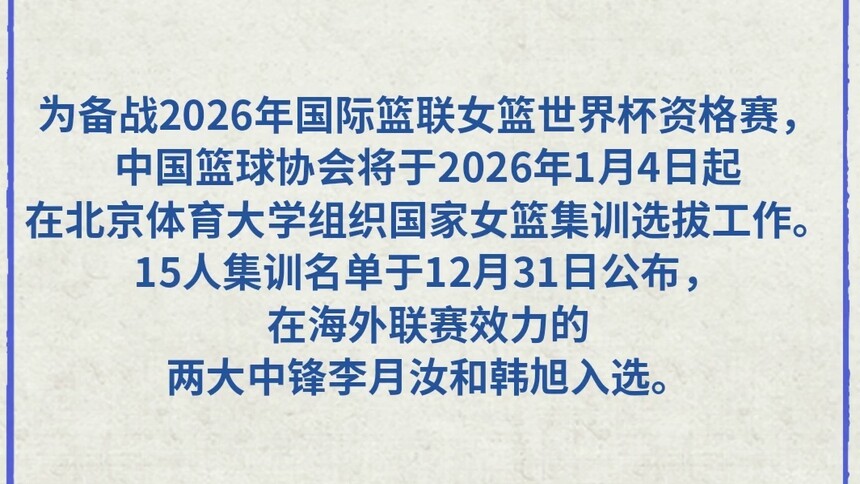 中国女篮公布15人集训名单 李月汝、韩旭在列