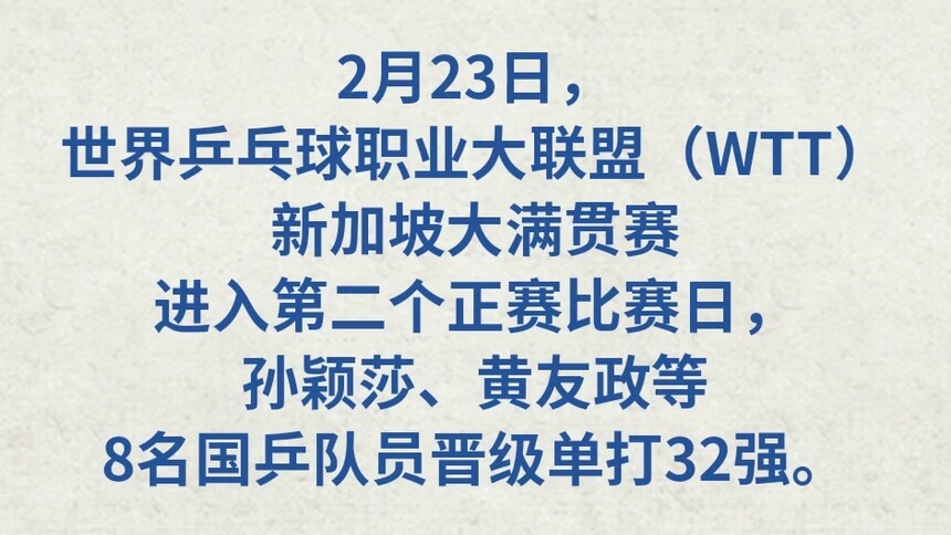 WTT新加坡大满贯赛：孙颖莎晋级女单32强