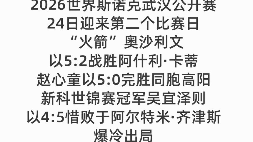 斯诺克武汉公开赛：赵心童晋级 吴宜泽出局